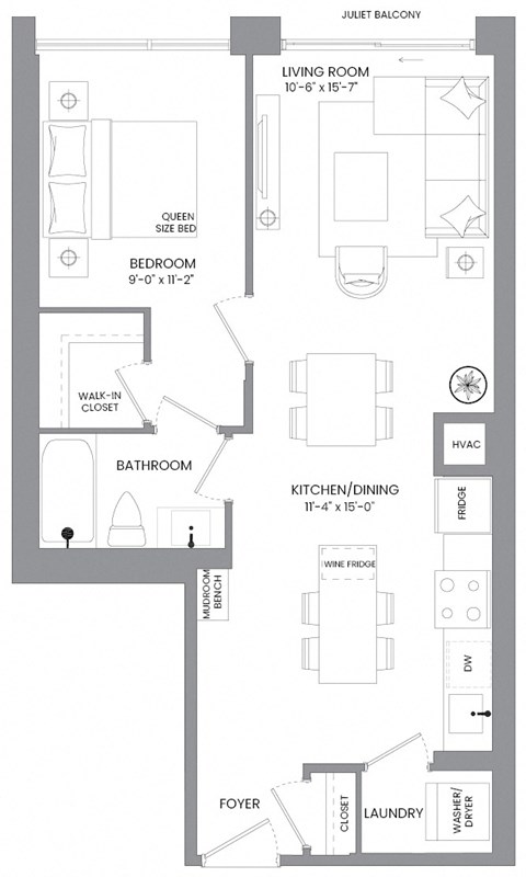 Floor plan for 1 bed, 1 bath, 667 sqft